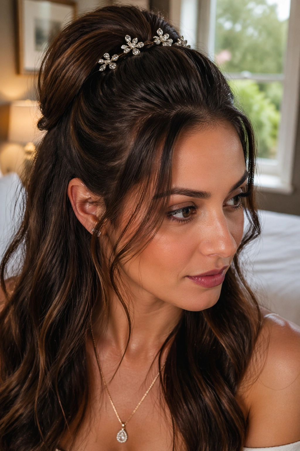 Close-up of a real woman wearing a half-up ponytail with tiny crystal clusters at the crown, warm window light.