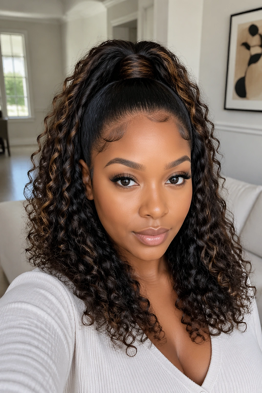Close-up of a real woman with a half-up ponytail showing top lift and loose curly hair