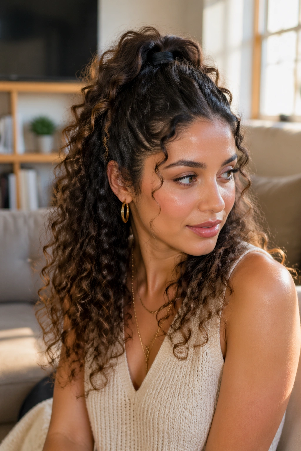 Real woman with half-up faux ponytail and loose curled ends