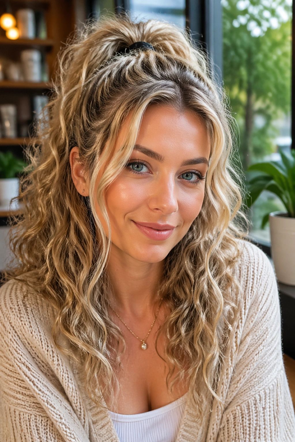 Close-up of a real woman with half-up curly blonde ponytail and bright face-framing pieces