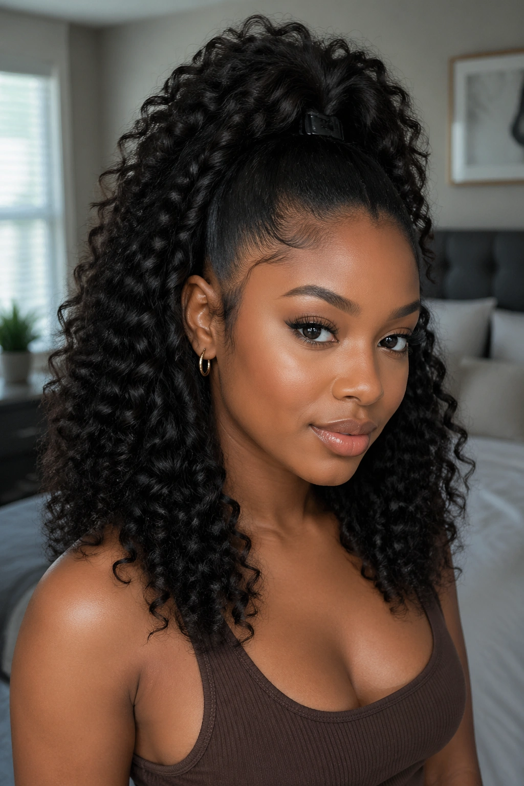 Close-up portrait of a real Black woman with a voluminous half-up ponytail in a softly lit bedroom.