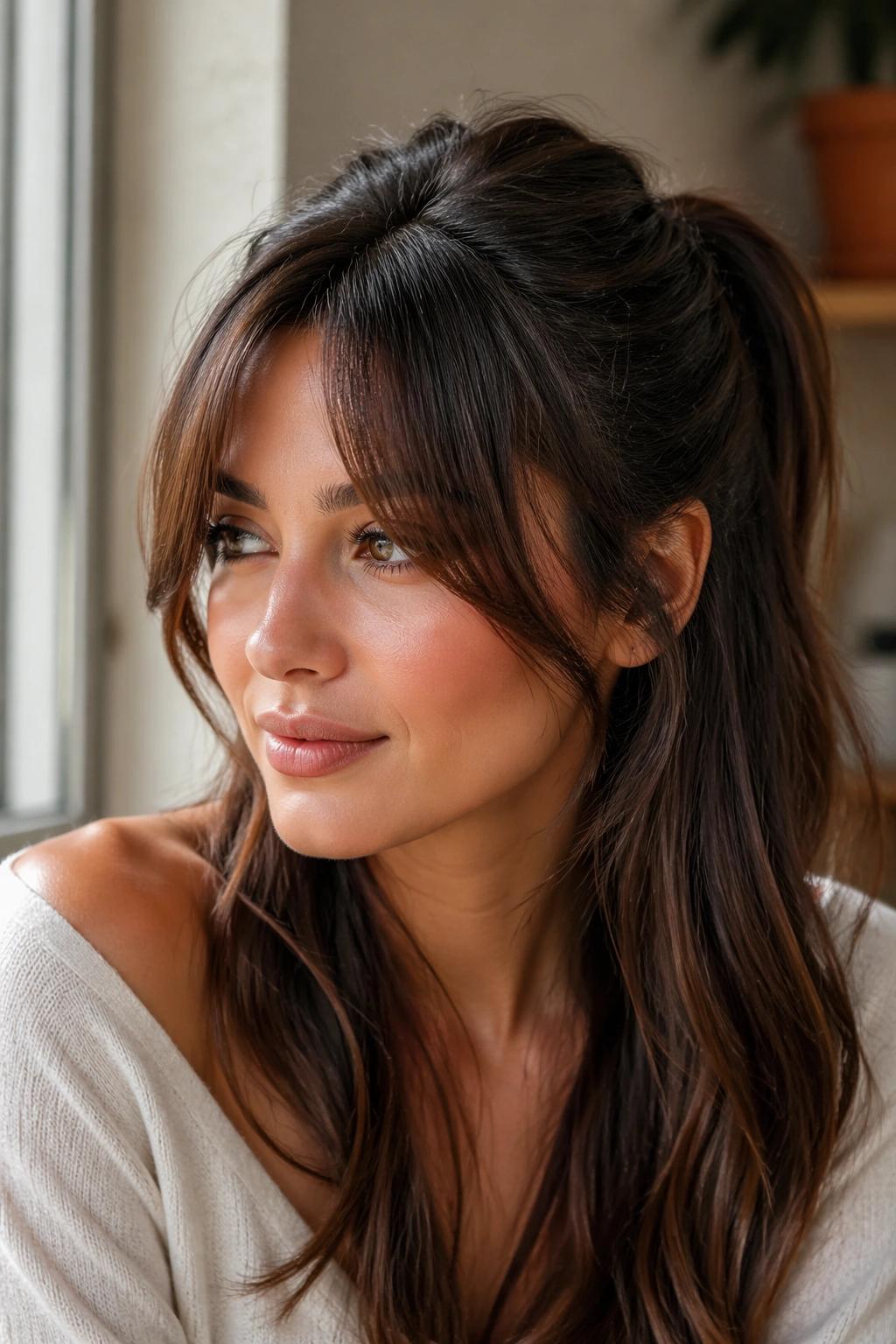 Close-up of a real person with curtain bangs and a half up ponytail
