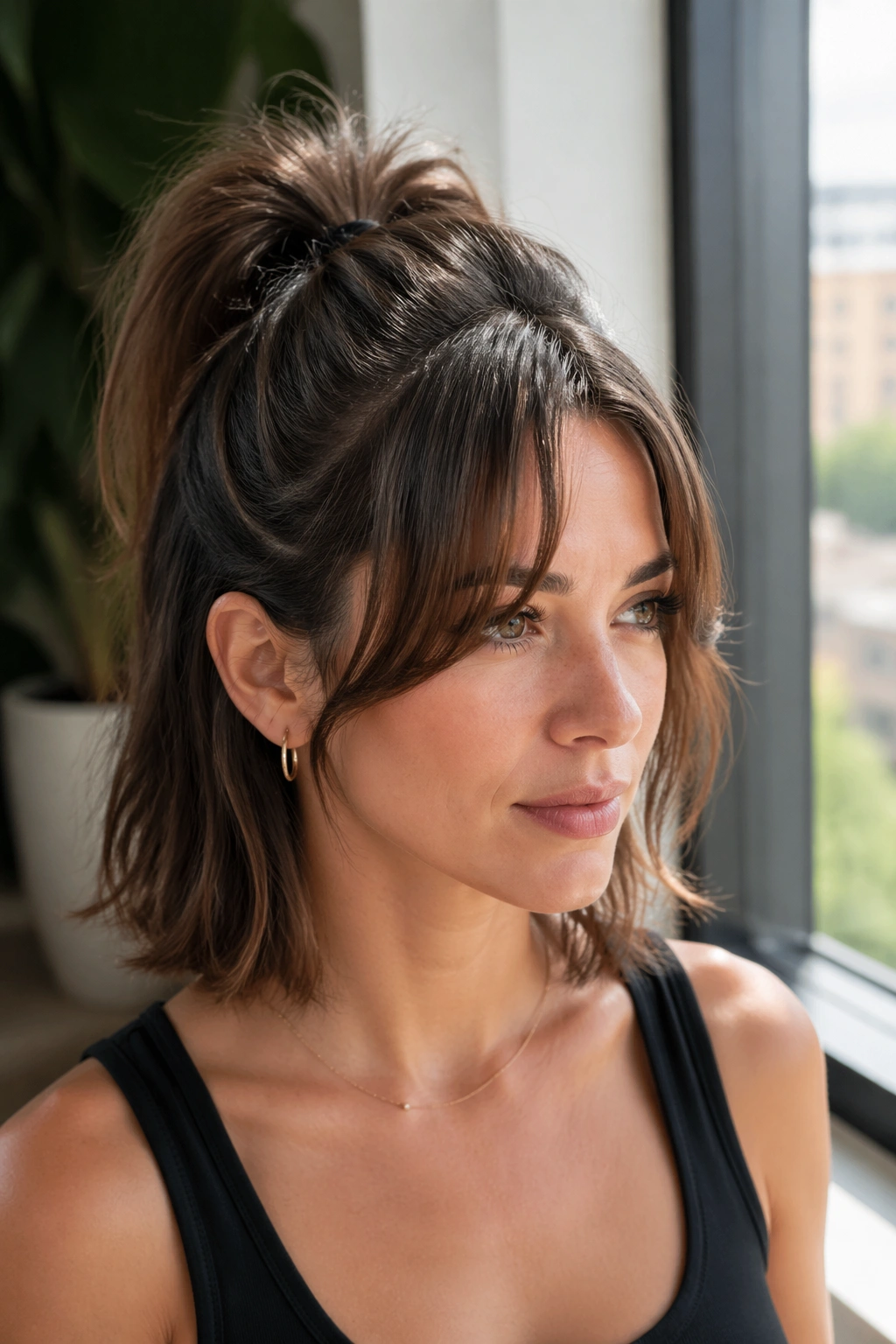 Real woman with half up ponytail and curtain bangs in a stylish daylight room.