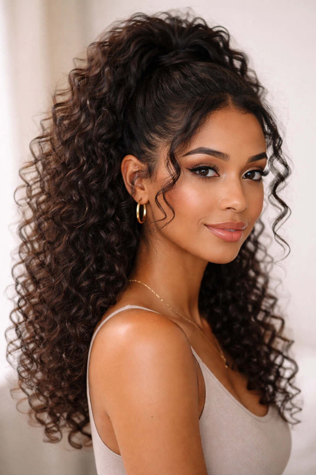 Half-up curly ponytail with extension showing lifted crown and loose sides