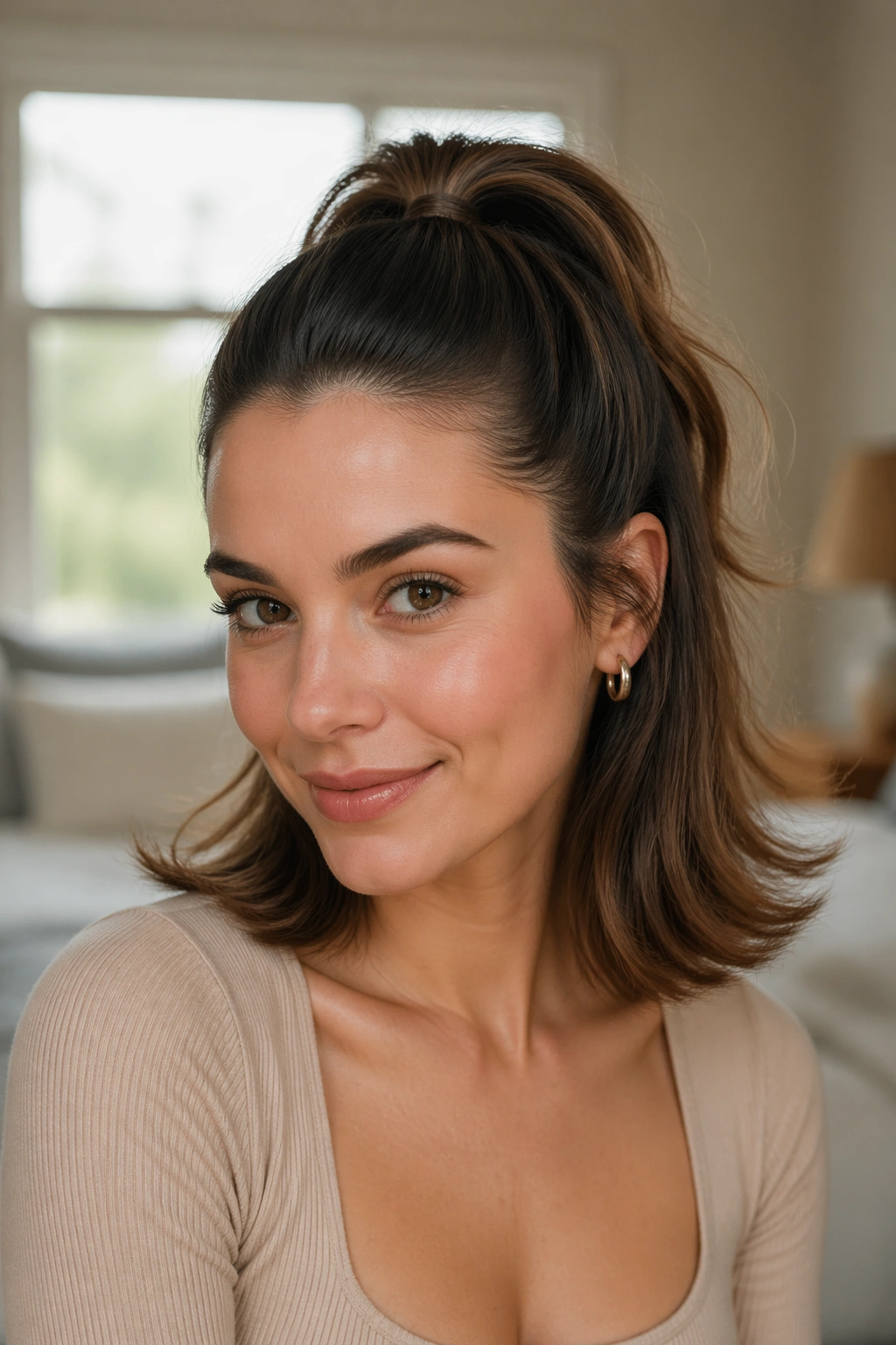 Close-up of a real woman wearing a half-up ponytail with flipped ends in soft window light