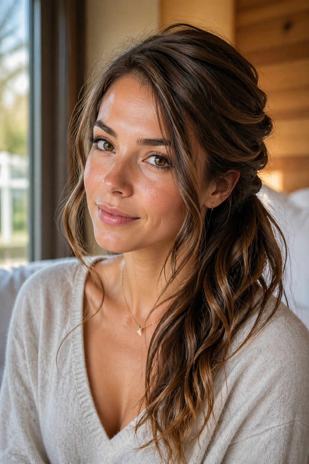 Close-up of a real woman with a half-up side ponytail in a sunlit bedroom