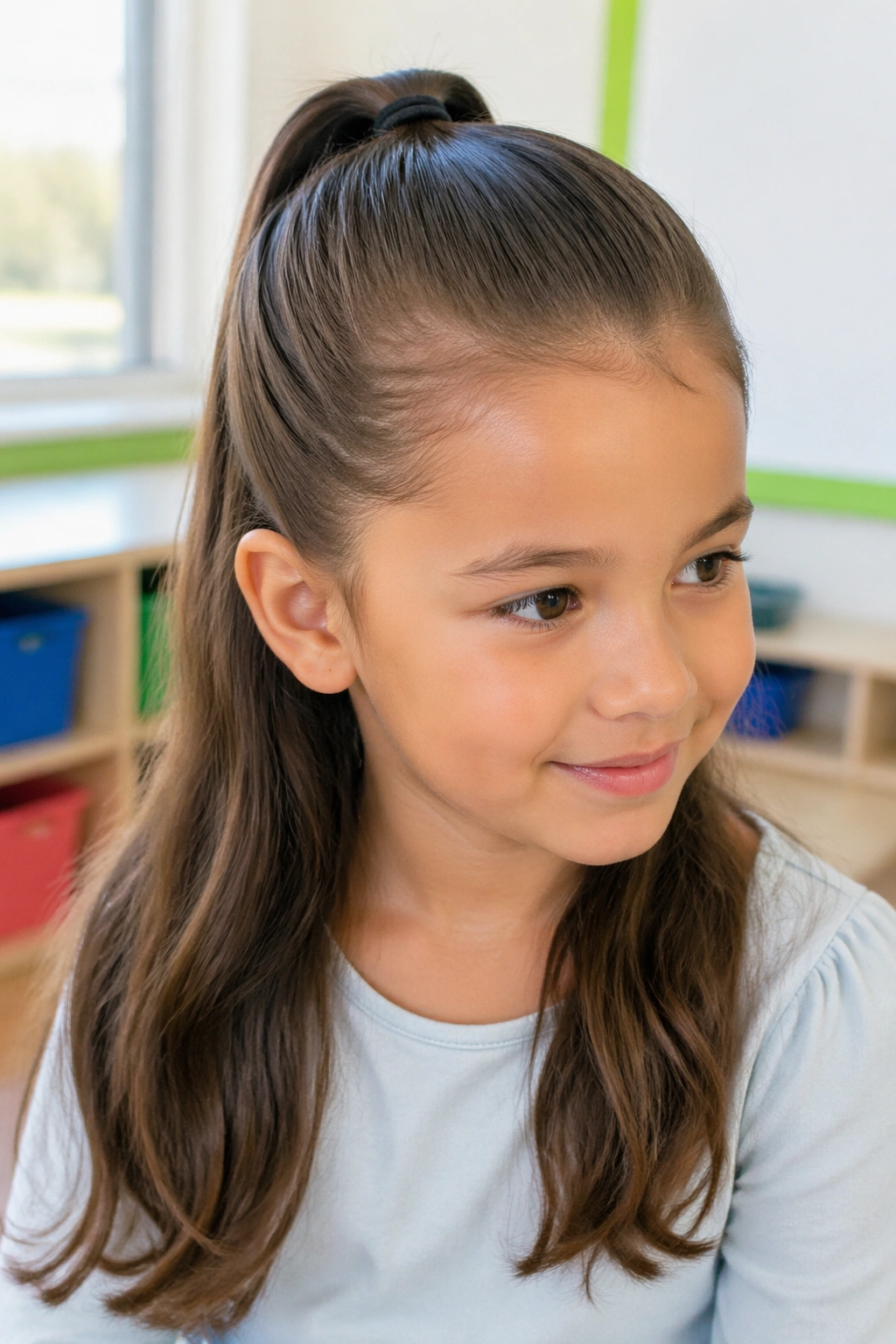 Close-up of a child with half-up sleek ponytail in a bright classroom