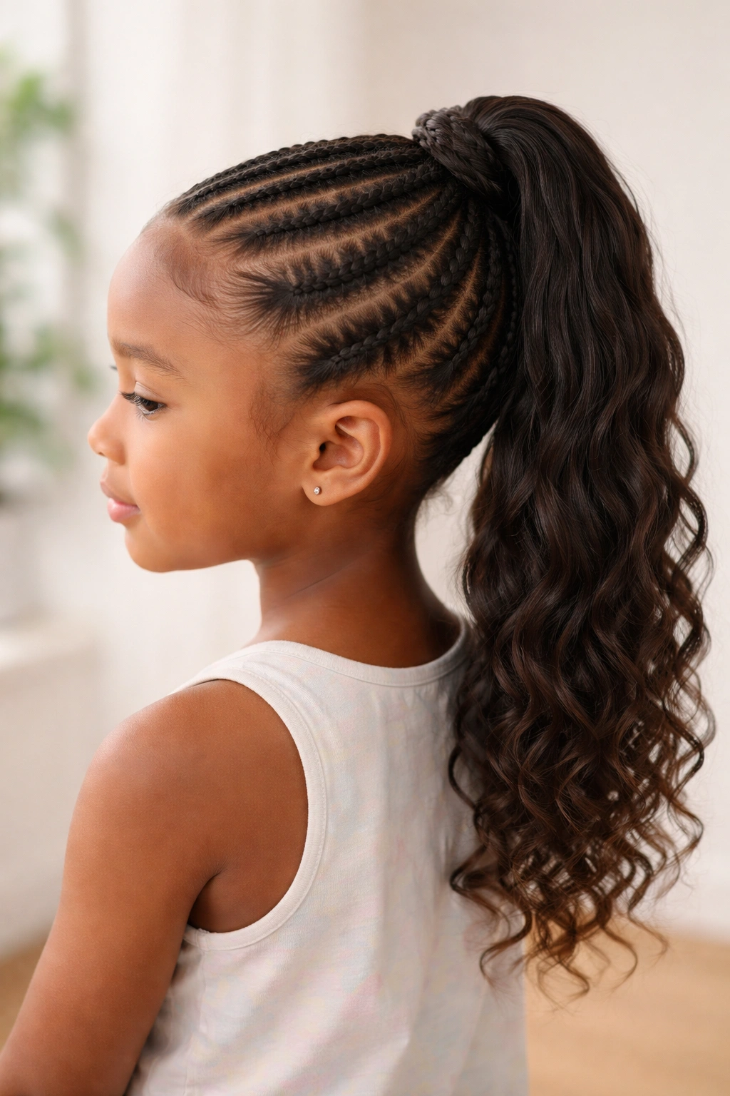 Close-up of a child's half-up feed-in ponytail with a snug top and flowing lower hair