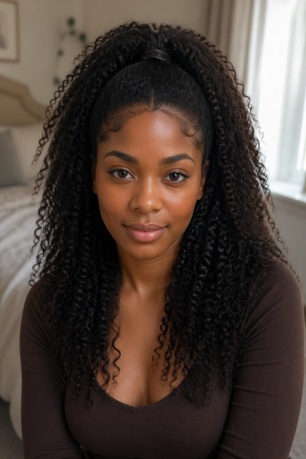Front-facing real woman with half-up ponytail and loose length