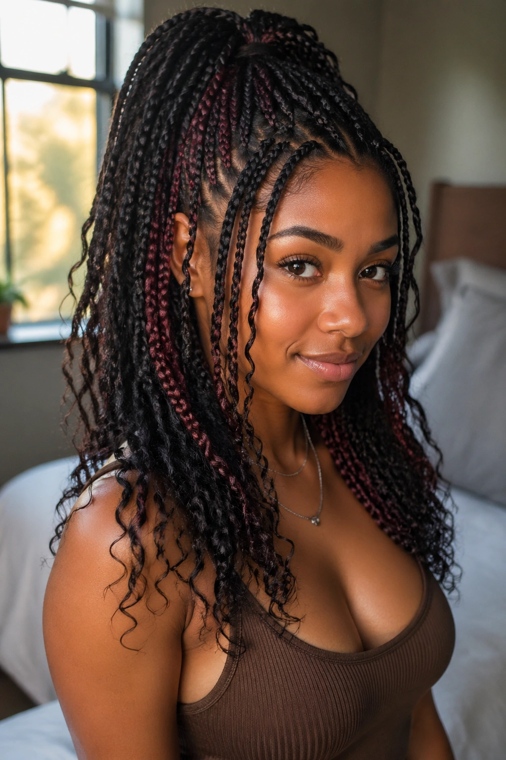 Close-up portrait of a real woman with half-up knotless box braids showing peekaboo color under the top section