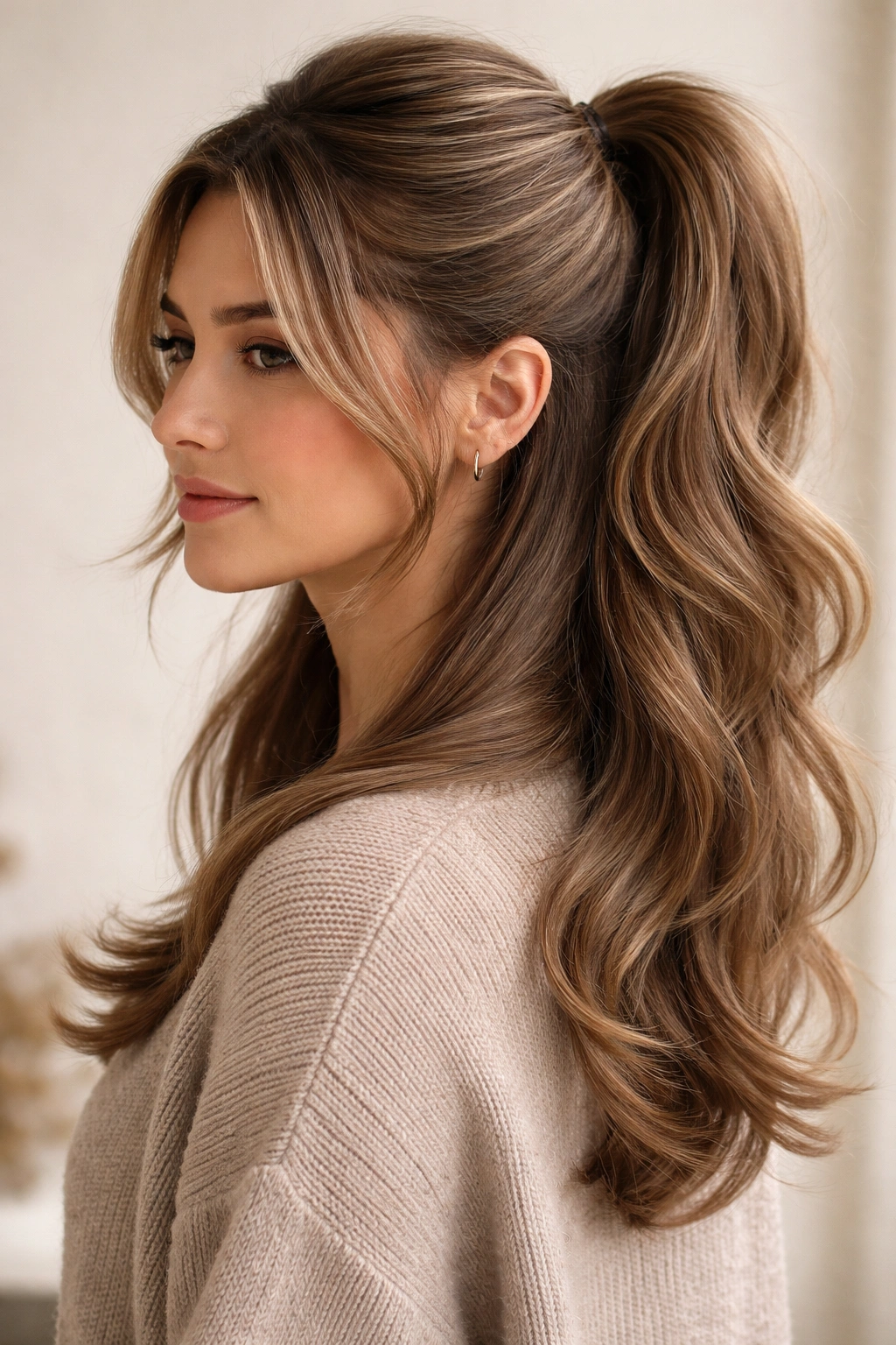 Half-up ponytail on layered hair with top control and loose bottom