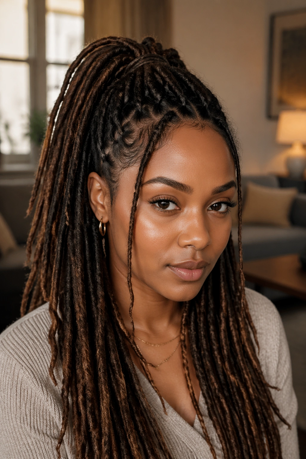 Real woman with half-up ponytail showing face-framing locs in warm indoor light