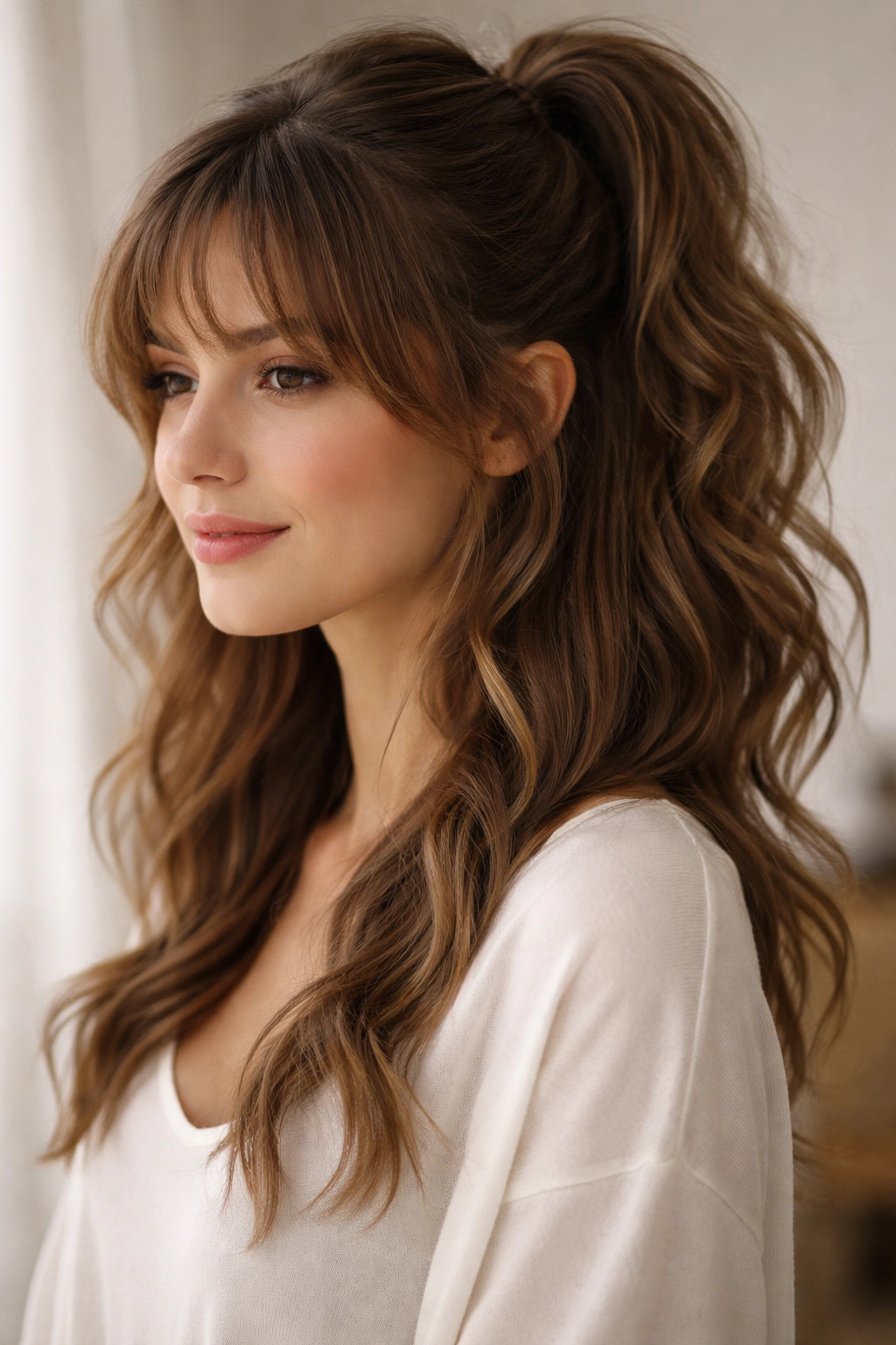 Close-up of a half-up ponytail with loose bangs on wavy hair