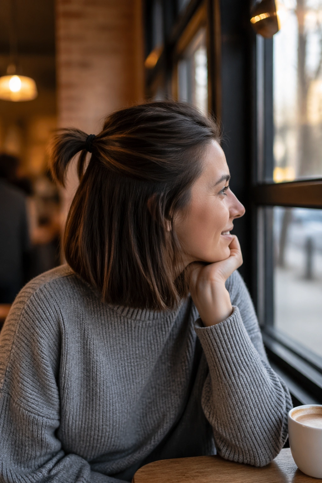 Side profile of a half-up mini ponytail at a cafe.