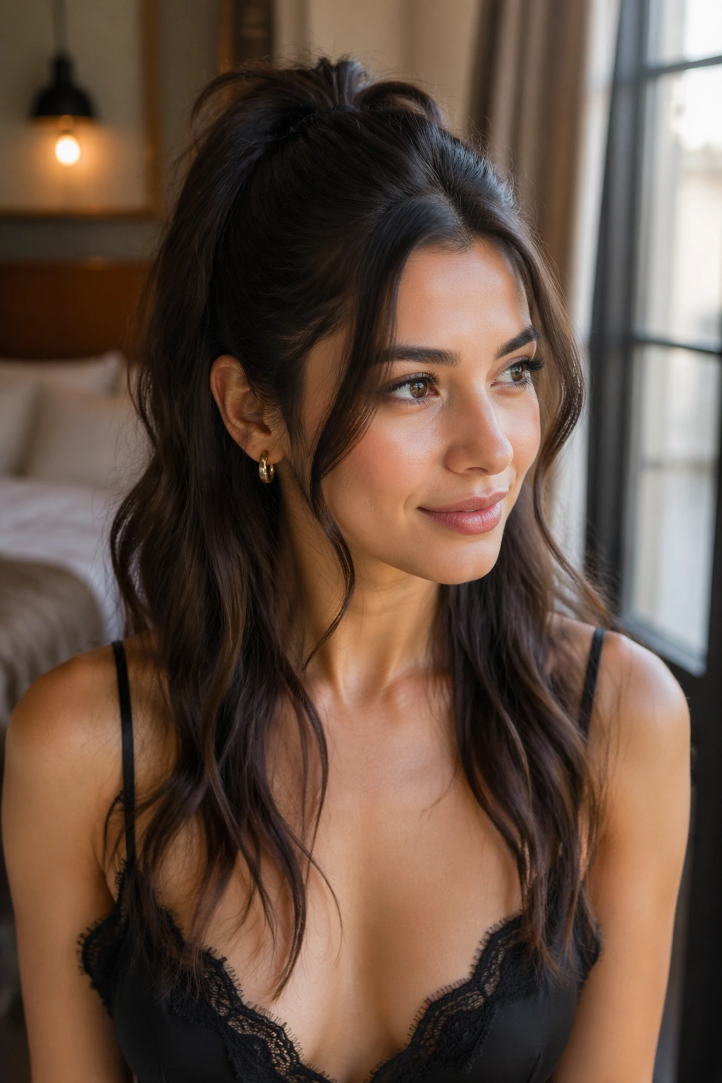 Close-up of real woman with half-up ponytail and loose length.