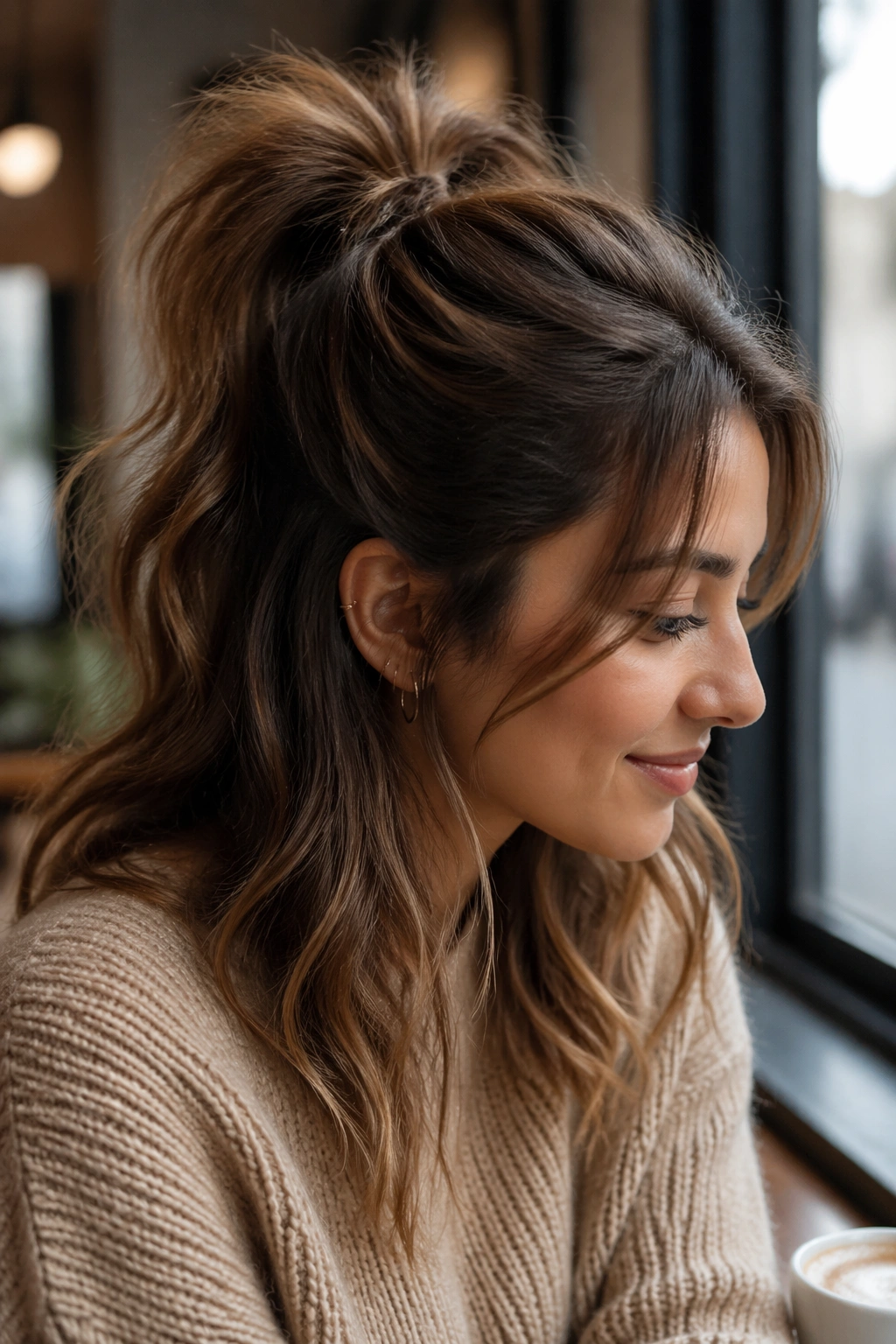 Close-up of a real person with a half-up messy ponytail showing crown lift