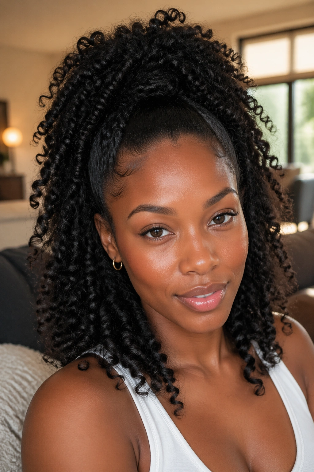 Real woman with natural curls in half-up ponytail, texture preserved
