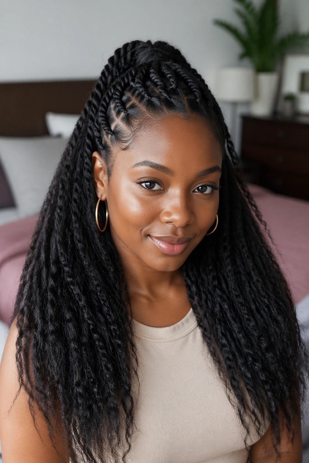 Front portrait of a real woman with half-up twisted braided ponytail on long natural hair
