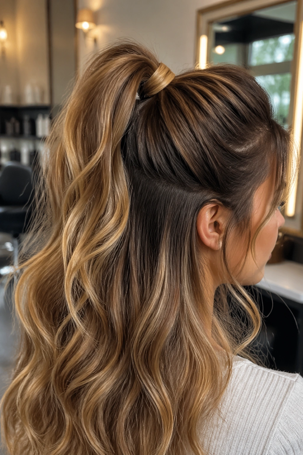 Close-up shot of a half-up high ponytail showing crown lift and soft waves