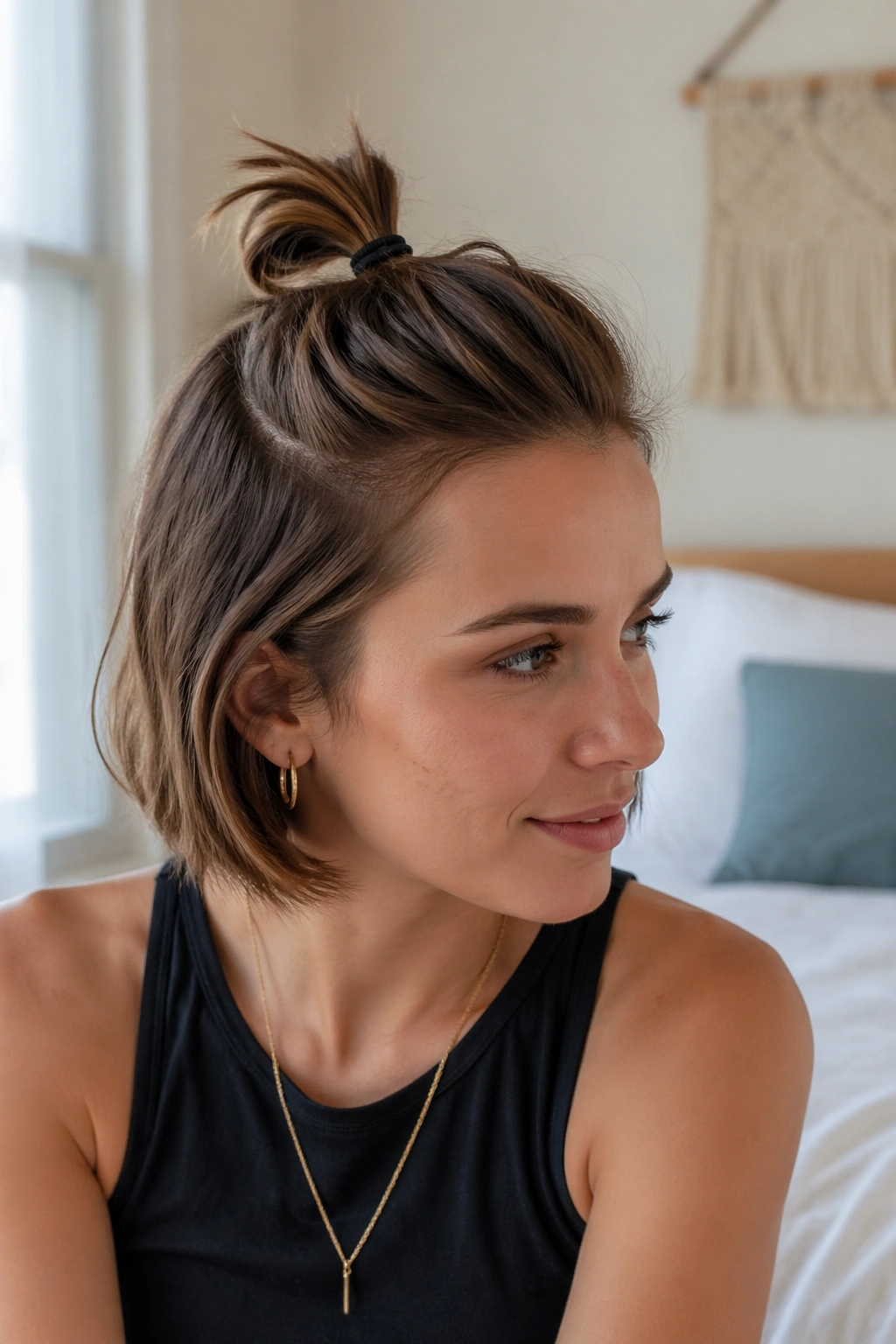 Portrait of a woman showing a small top half ponytail with the rest of hair down.
