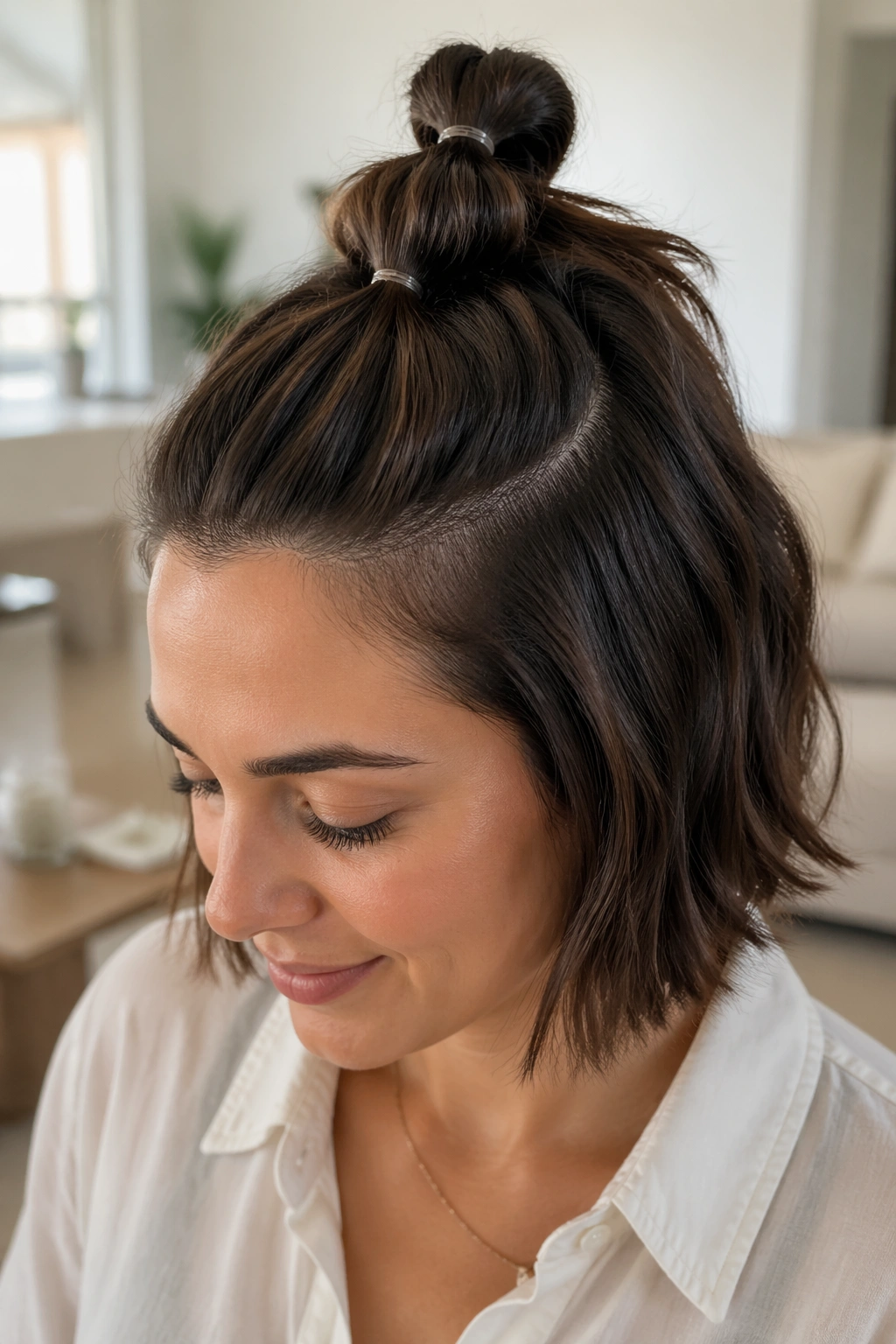 Portrait of real woman with half-up bubble ponytail on short hair.