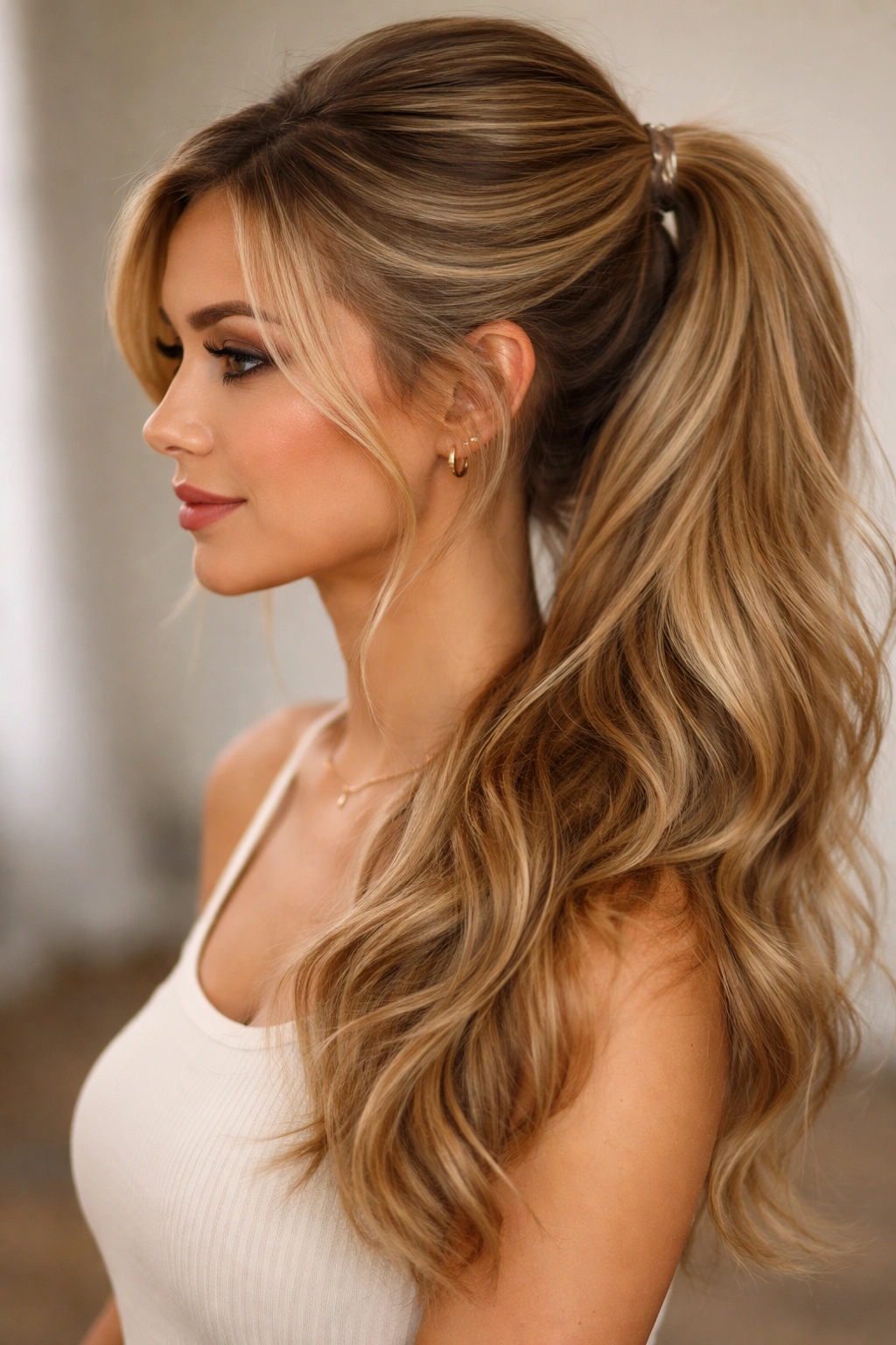 Side view of a half-up ponytail with top section secured and bottom hair loose