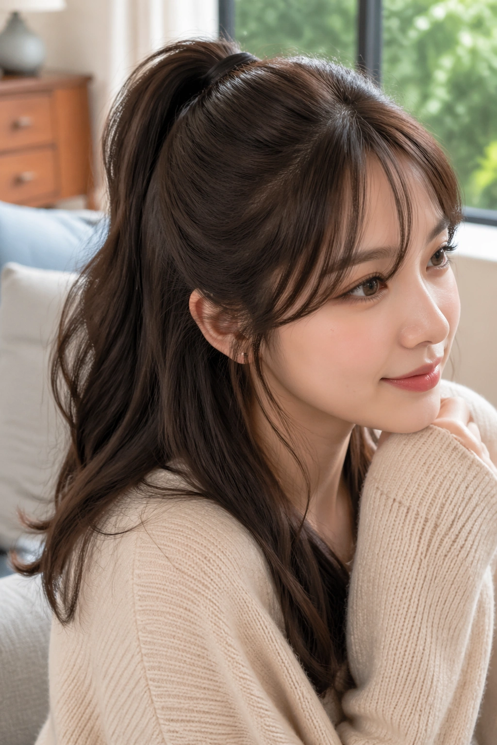 Woman with half-up ponytail and side-swept bangs in natural light.