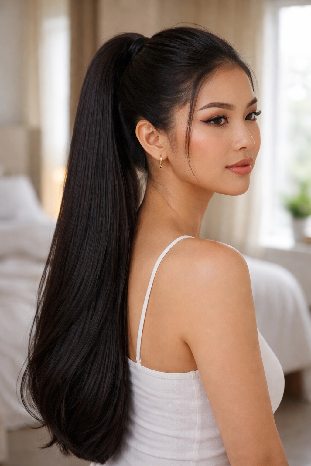 Portrait of a real woman with half-up sleek ponytail showing the top lifted and bottom hair flowing.