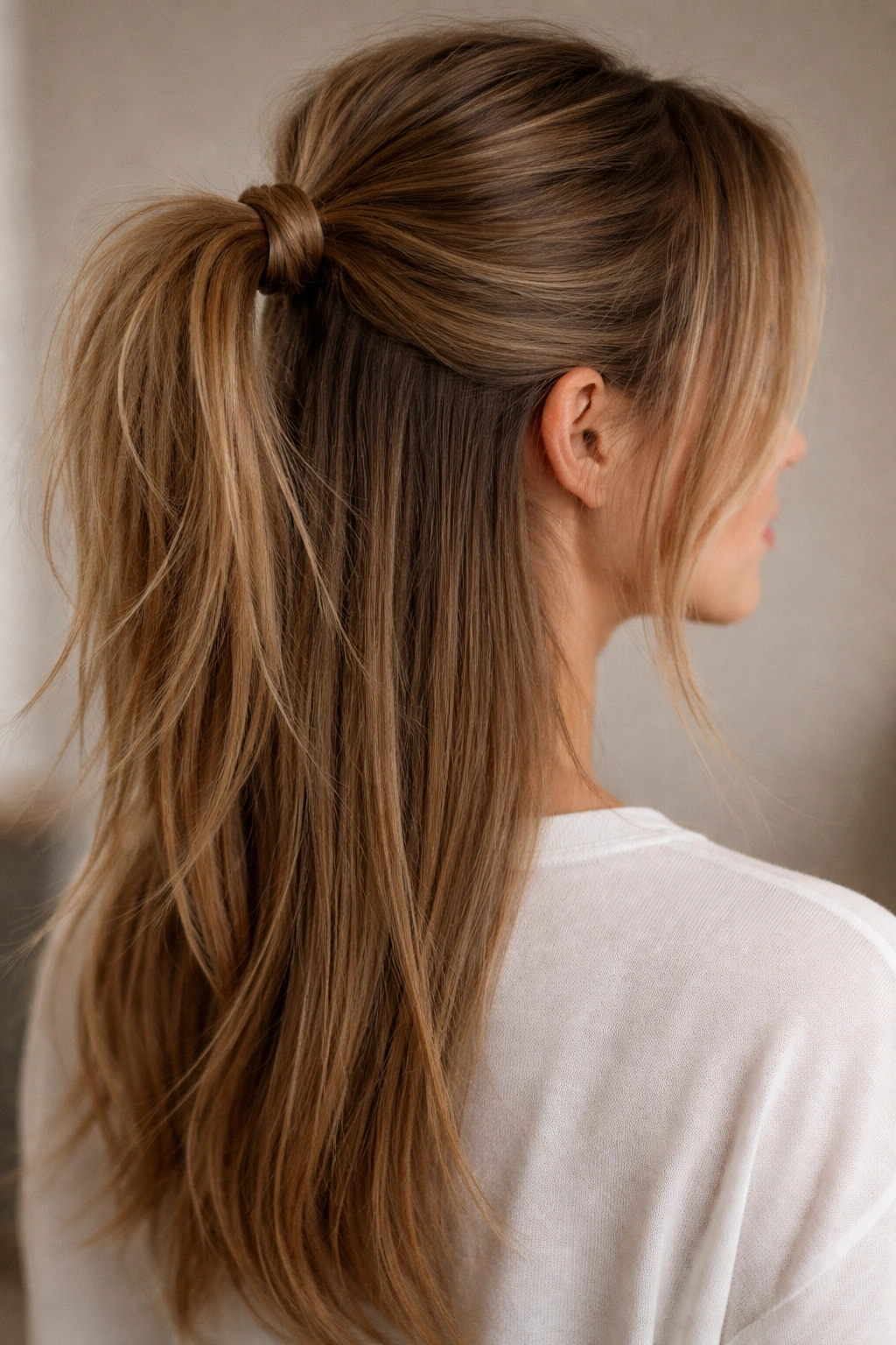 Back view of half-up messy ponytail with lifted crown and loose hair below