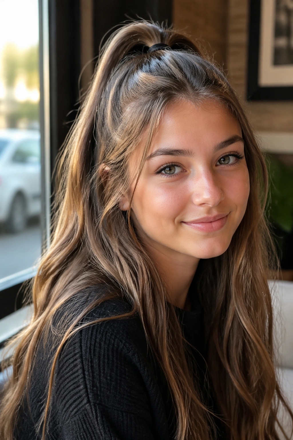 Teen with half-up ponytail at crown in cafe setting