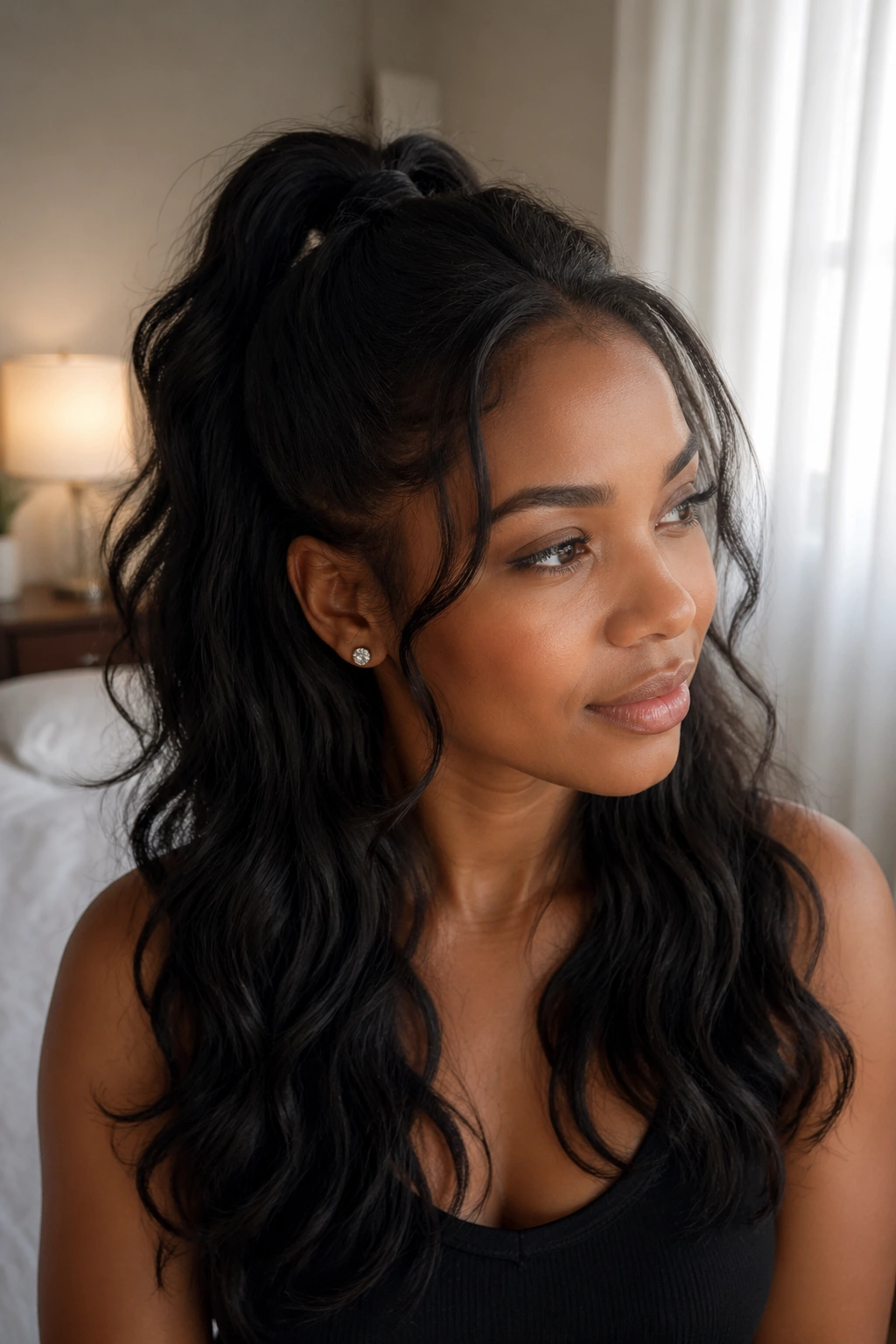 Medium close-up of a person with a half-up ponytail and loose waves.