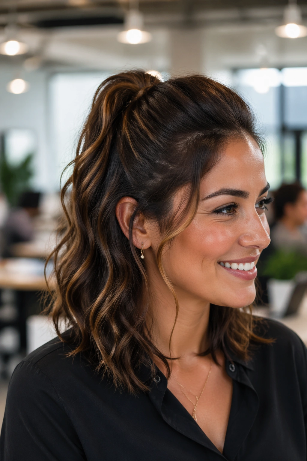 Close-up of a real woman with a half-up ponytail, showcasing wavy medium hair