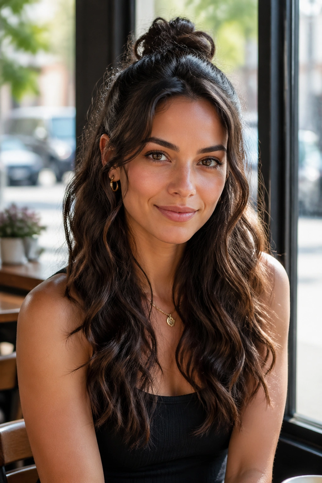 Portrait of a woman with a half-up wavy ponytail.