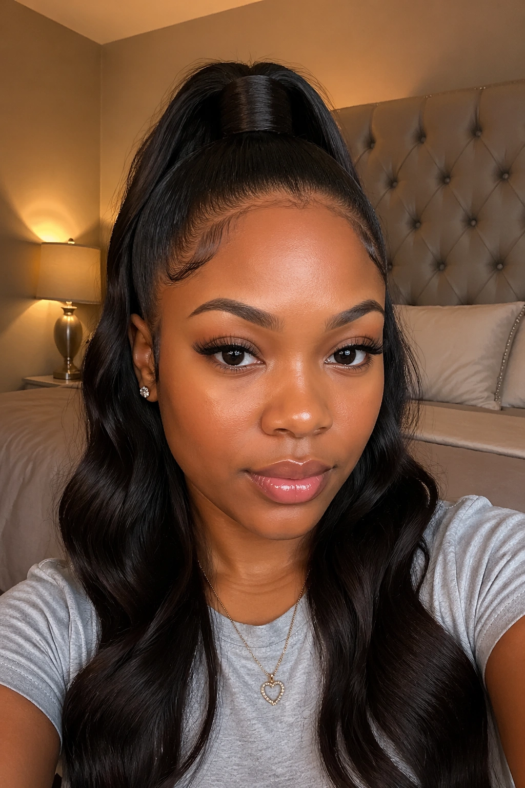Close-up of a real woman with a wrapped-base half up weave ponytail showing a seamless wrap around the base.