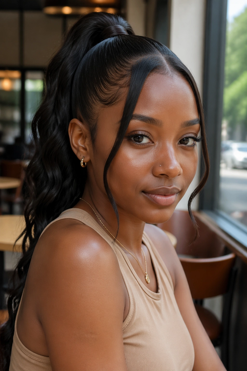 Close-up of a real woman with two slim face-framing pieces framing the face in a sleek half up weave ponytail.