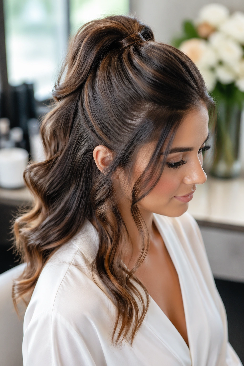 Close-up of a real woman with Half-Up Ponytail hairstyle in a bridal setting