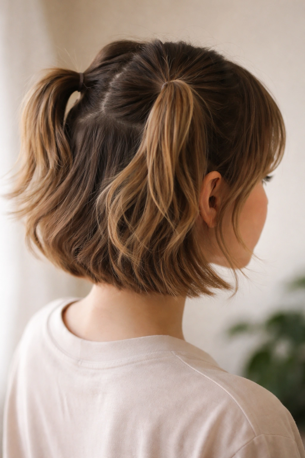 Half-up double ponytails on layered bob with top secure