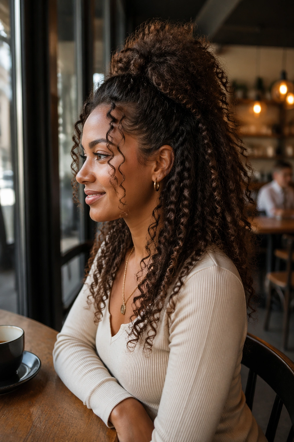 Side-profile shot of a half-up puff in cafe setting.