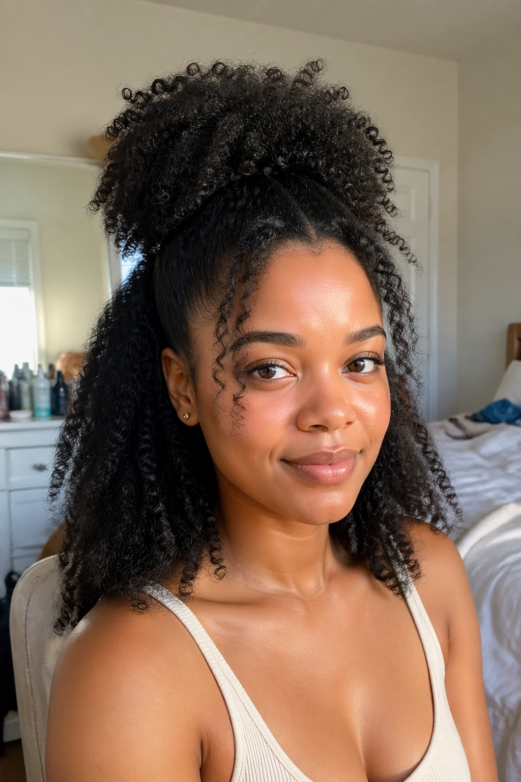 Close-up of a real woman showing a half-up puff with hanging back