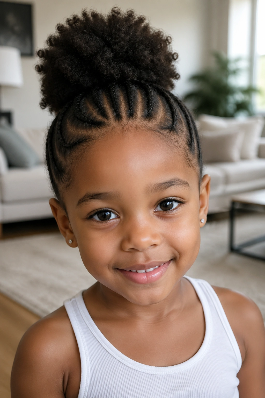 Child with front cornrows and a top puff in a bright room