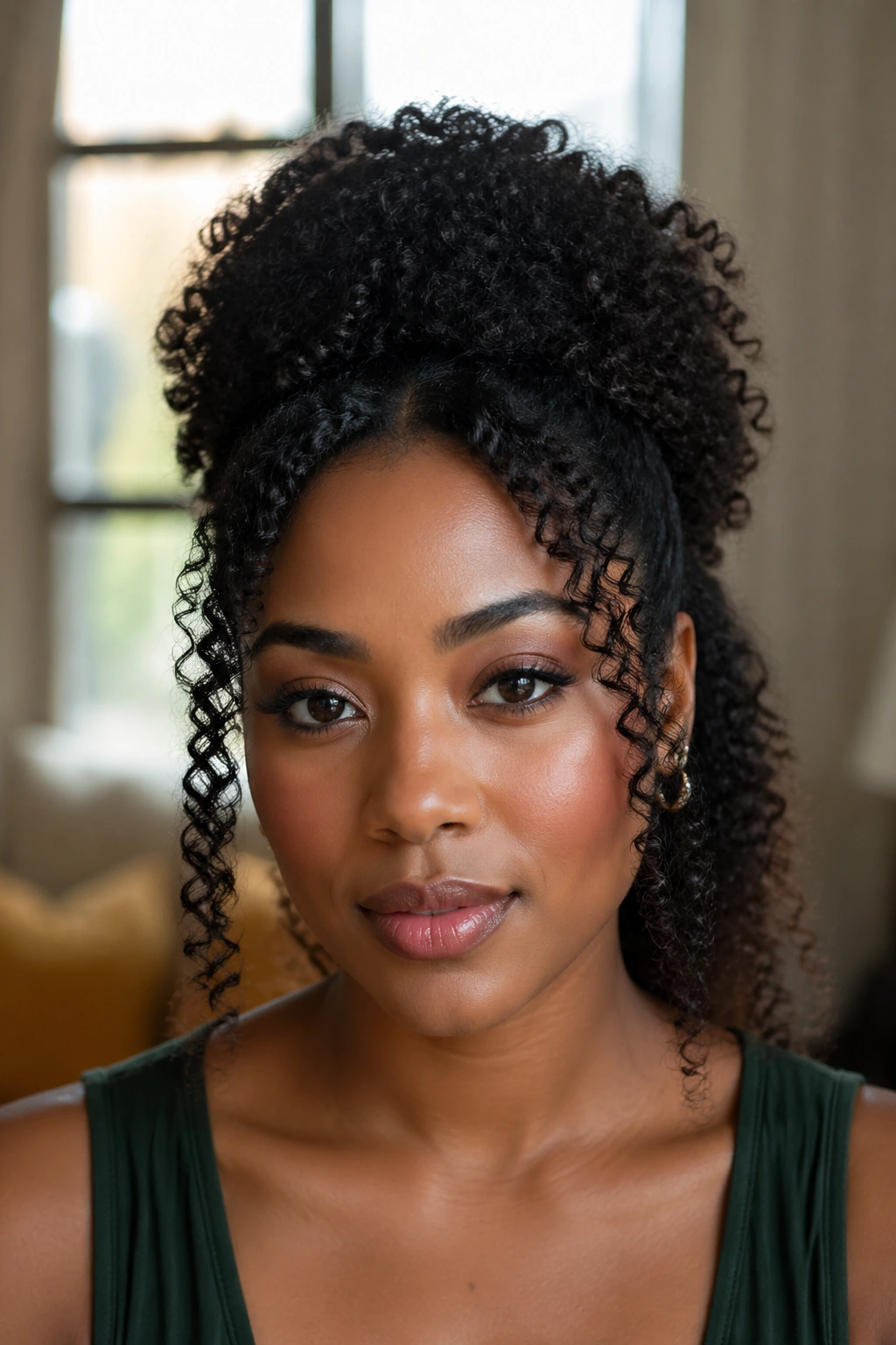Close-up of a woman with a half-up puff and face-framing curls.