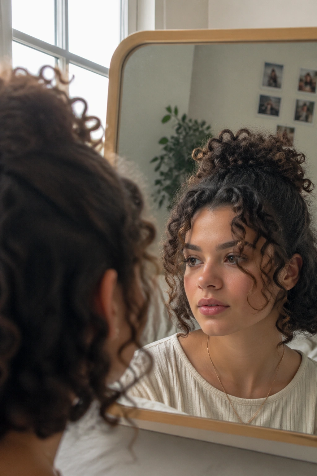 Half-up puff curls close-up in a bedroom mirror