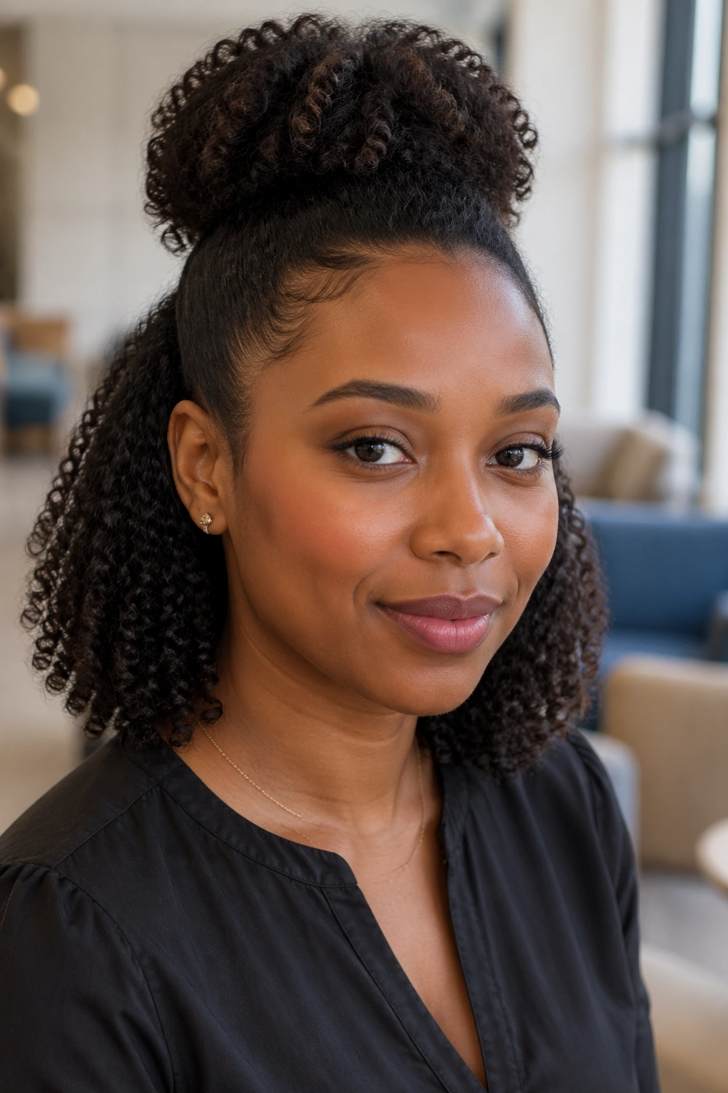 Real woman with half-up puff and defined bottom curls in office