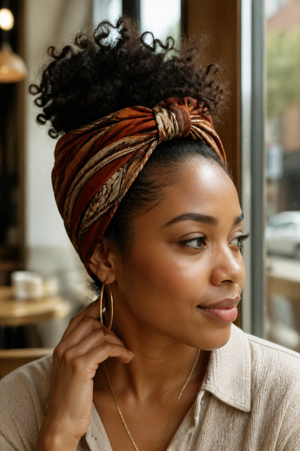Close-up of a real woman wearing a half-up puff wrap with the top curls visible.