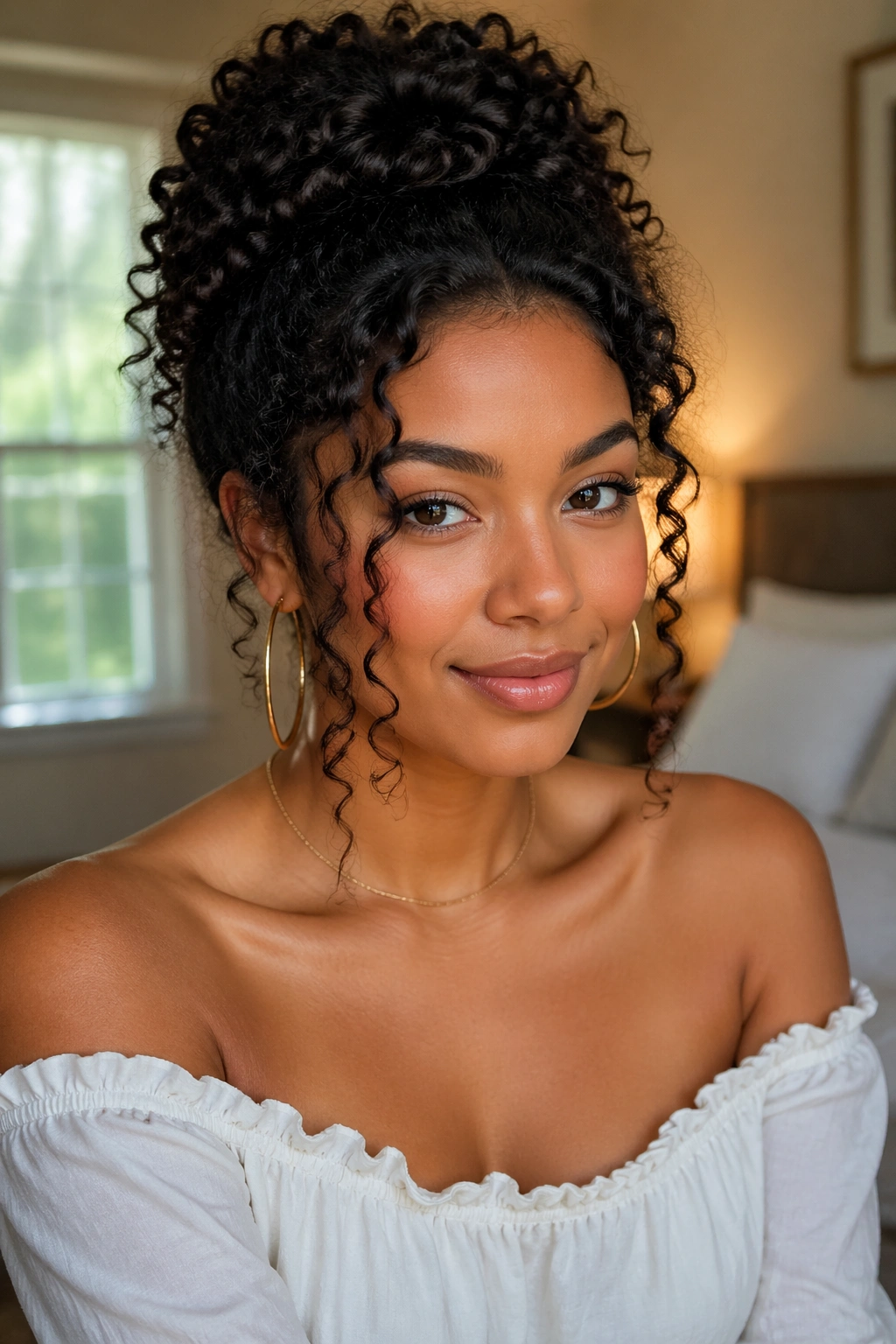 Close-up portrait of a real woman with a half-up puff and loose front curls