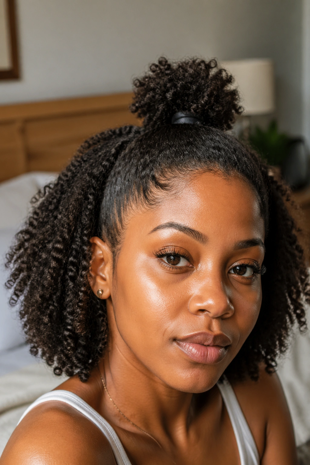 Close-up of a real woman with a half-up mini puff hairstyle on the crown, hair down around.