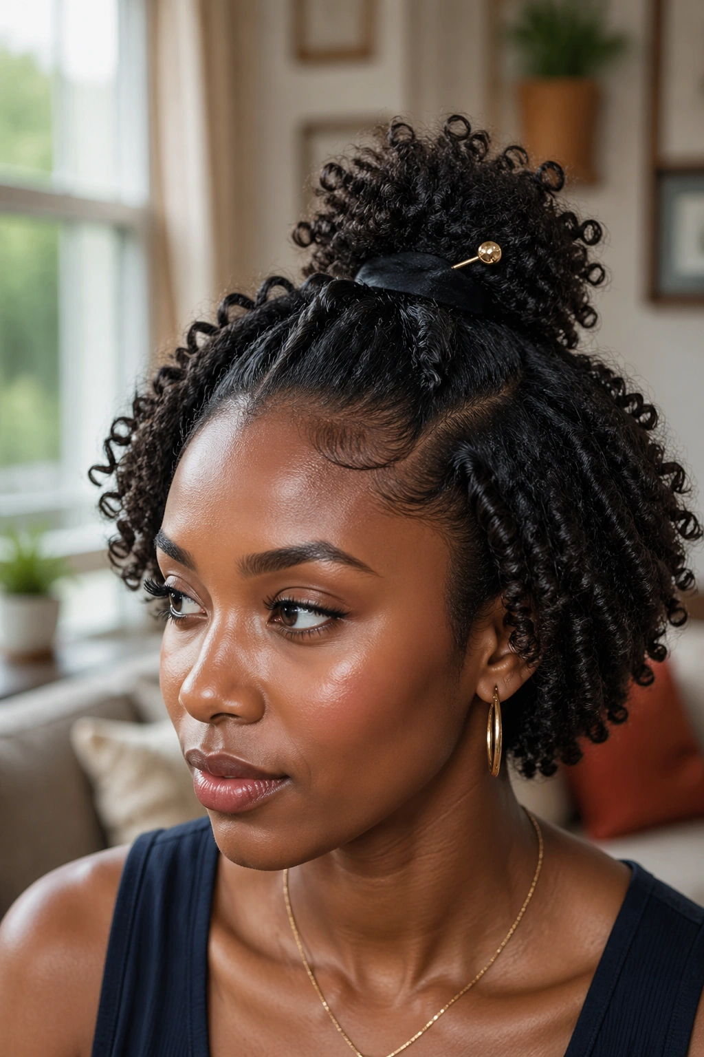 Half-up puff on short curls with satin elastic