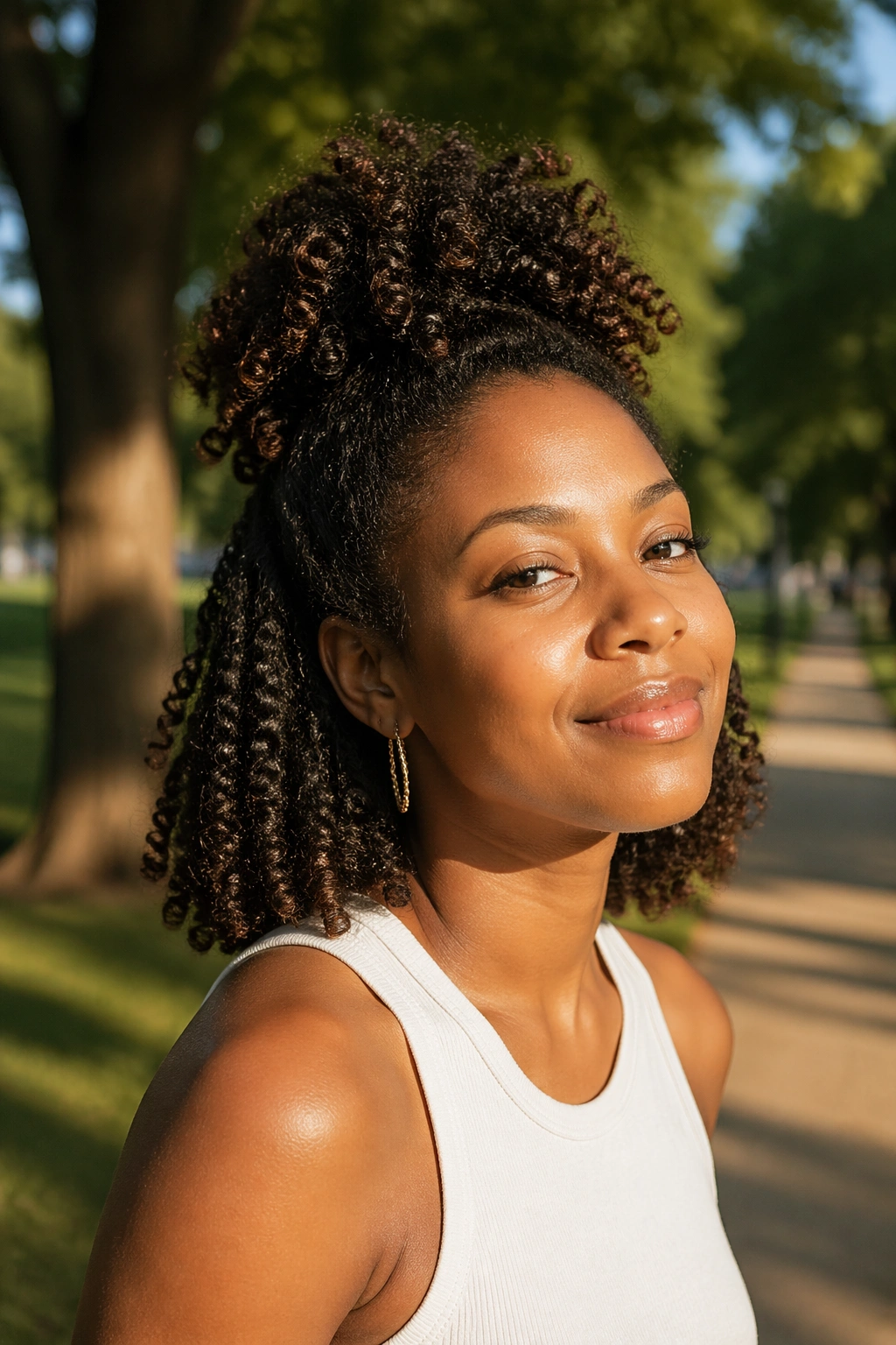 Half-up twist out puff on short natural hair outdoors in park