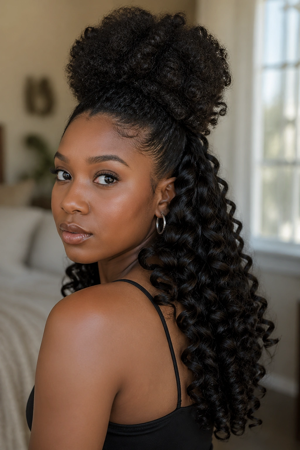 Real woman with half up puff and wand curl cascade.