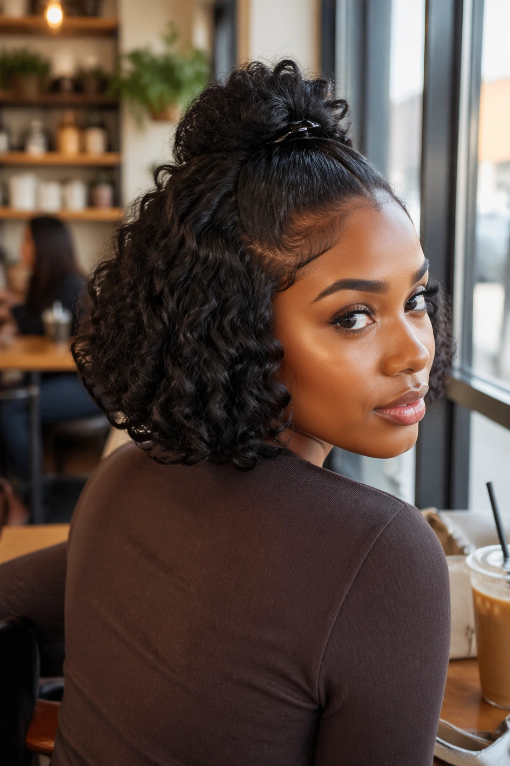 Half-up mini puff wig in cafe light